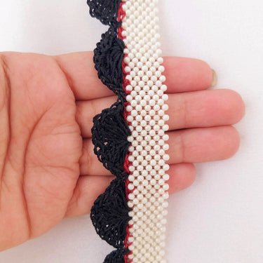 Fuchsia Pink / Black Crochet Trim With Off White Pearls, Scallop Trimming, Approx. 30mm wide